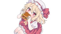  1girl ascot blonde_hair blush bow burger collared_shirt commentary_request eating flandre_scarlet food frilled_skirt frills hat hat_bow highres holding holding_burger holding_food looking_at_viewer missing_wings mob_cap one_side_up puffy_short_sleeves puffy_sleeves red_bow red_eyes red_skirt red_vest shirt short_sleeves skirt skirt_set solo touhou vest white_hat white_shirt yellow_ascot yunaivt 