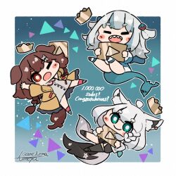  3girls ahoge ameya_(kappadoll) animal_ear_fluff animal_ears black_thighhighs blue_background blue_streaks blush_stickers border bright_pupils brown_hair chibi chibi_only closed_mouth commentary_request crown dog_ears dog_girl dog_tail dress fins fish_tail fox_ears fox_girl fox_tail full_body gawr_gura green_eyes grey_hair hair_ornament hands_up hololive inugami_korone jacket long_hair looking_at_viewer milestone_celebration multicolored_hair multiple_girls open_clothes open_jacket open_mouth outline outside_border red_eyes shark_girl shark_hair_ornament shark_tail sharp_teeth shirakami_fubuki short_hair streaked_hair tail teeth thick_eyebrows thigh-highs upper_teeth_only virtual_youtuber white_border white_dress white_hair white_outline white_pupils yellow_jacket youtube_creator_award 