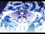  blue_eyes blue_hair cape debris elbow_gloves gloves glowing magical_girl mahou_shoujo_madoka_magica miki_sayaka planted_sword planted_weapon skirt solo sword thigh-highs thighhighs weapon xxxx 