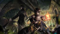 2boys animal_ears arknights ascot back-to-back biegler_(arknights) black_coat black_hair black_jacket blurry blurry_foreground closed_mouth coat dual_wielding ebenholz_(arknights) epaulettes facial_hair game_asset goat_boy goat_ears goat_horns hair_between_eyes highres holding holding_knife holding_wand hood horns indoors jacket knife long_hair long_sleeves male_focus multiple_boys official_art originium_arts_(arknights) originium_slug_(arknights) pants scorpion5050 sewer shirt third-party_source violet_eyes wand 