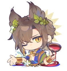  1boy alcohol animal_ears arknights brown_hair cat_boy cat_ears chalice chibi chibi_only chinese_commentary closed_mouth commentary_request crescent cup earrings flower highres holding holding_cup jewelry laurel_crown looking_at_viewer male_focus necklace nitrogen_owo official_alternate_costume one_eye_closed phantom_(arknights) short_hair solo tragodia_(arknights) upper_body white_background white_flower wine yellow_eyes 