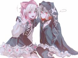  ... 2girls animal_hood bandaid bandaid_on_face bow colored_inner_hair cowboy_shot cross-laced_clothes cross-laced_dress crossed_bangs dress flower-trimmed_dress frilled_dress frilled_sleeves frills gradient_hair grey_hair hair_between_eyes hair_bow hair_ornament hand_up highres hood karaoke_manekineko kerlap3777 long_sleeves looking_at_viewer mahou_shoujo_no_majo_saiban multicolored_hair multiple_girls o-ring o-ring_thigh_strap official_alternate_costume open_hand open_mouth pink_eyes pink_hair rabbit_hood red_eyes red_hair sakuraba_ema shito_alisa short_hair simple_background sitting smile spoken_ellipsis stitched_face stitches thigh_strap white_background white_hair x_hair_ornament 