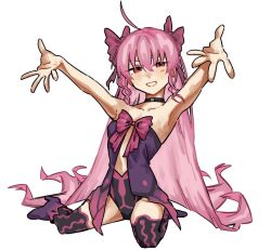  1girl :d ahoge bare_shoulders black_choker black_leotard black_thighhighs black_trim blush bow choker clothing_cutout collarbone commentary_request dead_apostle_noel_(tsukihime) dress gradient_clothes gradient_dress hair_between_eyes hair_bow hands_up highres kneeling leotard long_sidelocks looking_at_viewer noel_(tsukihime) on_floor open_hands open_mouth outstretched_arms pink_bow pink_hair pink_trim purple_dress red_eyes same_ringo3 sidelocks simple_background sitting smile solo strapless strapless_dress thigh-highs thighs tsukihime tsukihime_(remake) vampire wariza wavy_hair wavy_sidelocks 