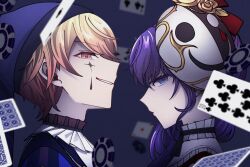  1boy 1girl ace_(playing_card) ace_of_clubs ace_of_diamonds asahina_mafuyu black_mask black_ribbon blonde_hair blue_background blue_eyes blue_hat blurry blurry_background card club_(shape) commentary_request diamond_(shape) expressionless facial_mark film_grain five_of_clubs four_of_clubs frills gold_rose grin hat highres jester jester_cap lengling long_hair looking_at_viewer mask mixed-language_commentary multiple_tails neck_ribbon official_alternate_costume orange_eyes orange_hair partially_shaded_face playing_card poker_chip ponytail portrait project_sekai purple_hair red_ribbon ribbon short_hair sideways_glance smile sparkle_facial_mark tail teardrop_facial_mark ten_no_hate_no_phoenix_e_(project_sekai) ten_of_clubs tenma_tsukasa toraware_no_marionette_(project_sekai) two-tone_mask two_tails violet_eyes white_mask 