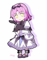  1girl artist_name ascot black_ribbon chibi commentary_request curtained_hair eiyuu_densetsu gothic_lolita hair_ribbon holding holding_stuffed_toy lolita_fashion looking_at_viewer lowres parted_bangs purple_hair red_ascot renne_(eiyuu_densetsu) ribbon smile sora_no_kiseki sora_no_kiseki_sc stuffed_animal stuffed_rabbit stuffed_toy white_background xiacheng_tatsuya yellow_eyes 