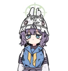  1girl blue_archive blue_eyes blue_sailor_collar blue_shirt born_to_kill_(phrase) breasts closed_mouth commentary_request dirty dirty_clothes dirty_face grey_helmet halo headgear helmet medium_breasts neckerchief purple_hair sailor_collar saki_(blue_archive) sh17 shirt simple_background solo transparent_background undone_neckerchief upper_body white_background yellow_neckerchief 