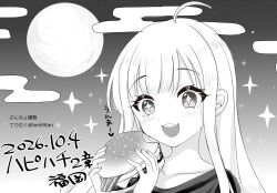  +_+ 1girl :d ahoge blush cho_kaguya-hime! collarbone commentary_request dated egasumi food full_moon greyscale hands_up holding holding_food kaguya_(cho_kaguya-hime!) long_hair monochrome moon shirt smile solo teeth terimuku translation_request tsukimi_burger upper_body upper_teeth_only 