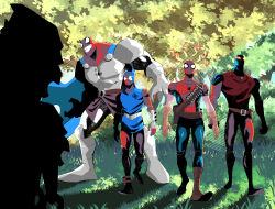  animal_print ben_reilly blue_bodysuit bodysuit brothers george_kambadais gloves highres hood hooded_bodysuit hoodie kaine_parker male_focus marvel mask multicolored_bodysuit multiple_boys muscular muscular_male peter_parker print_bodysuit red_bodysuit scarlet_spider siblings spider-man spider-man_(original_suit) spider-man_(series) spider-man_logo spider_print spider_web_print spidercide superhero_costume torn_clothes torn_hoodie two-tone_bodysuit web_shooter western_comics_(style) 