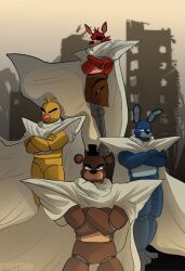  absurdres animal_ears animatronic bear_ears blue_eyes bonnie_(fnaf) cape chica cityscape commentary crossed_arms dragon_ball english_commentary eyepatch fantasy0145 five_nights_at_freddy's foxy_(fnaf) freddy_fazbear highres looking_at_viewer outdoors red_eyes robot standing white_cape 