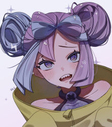  0393_piplup 1girl @_@ bare_shoulders blue_hair blush bow-shaped_hair character_hair_ornament collarbone commentary_request hair_ornament hexagon_print highres iono_(pokemon) jacket long_hair long_sleeves looking_at_viewer multicolored_hair open_mouth pink_hair pokemon pokemon_scarlet_and_violet sharp_teeth solo sweat teeth two-tone_hair upper_body yellow_jacket 