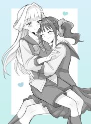  2girls ^_^ affectionate aqua_border border bow bowtie closed_eyes closed_mouth commentary_request couple cuddling feet_out_of_frame greyscale hair_ornament hair_scrunchie half_updo happy heart highres ichigota_ruto_(tiha131) long_hair long_sleeves looking_at_another monochrome multiple_girls nekoyashiki_mayu nekoyashiki_yuki pleated_skirt precure raised_inner_eyebrows sailor_collar sailor_shirt scrunchie shirt shirttail shorts side_ponytail simple_background sitting sitting_on_lap sitting_on_person skirt smile socks wonderful_precure! yuri 