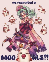  1boy 1girl 6+others antennae bare_shoulders blush boots cape cup detached_sleeves dress drinking drinking_straw final_fantasy final_fantasy_vi floral_print floral_print_dress food freesiavacadoo green_hair heart heart-shaped_pupils high_heel_boots high_heels high_ponytail highres ice_cream mog_(ff6) moogle multiple_others open_mouth own_hands_together pancake pantyhose polka_dot polka_dot_pantyhose ponytail print_dress red_boots red_dress red_nose sash short_dress sleeping smile strapless strapless_dress symbol-shaped_pupils teeth terra_branford tube_dress upper_teeth_only waist_sash white_cape white_pantyhose wings 