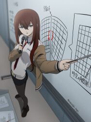  1girl absurdres anime_coloring artist_name belt black_pants boots breasts brown_hair brown_jacket collared_shirt commentary_request full_body grey_eyes hair_between_eyes highres indoors jacket jacket_partially_removed kanzaki_nyo long_hair looking_at_viewer makise_kurisu medium_breasts necktie open_mouth pants pointing presentation red_necktie science_adventure shirt solo standing steins;gate white_shirt 
