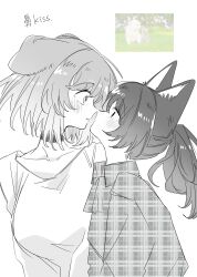  2girls animal_ears blush cat_ears choker collared_shirt commentary_request dog_ears eye_contact greyscale highres long_sleeves looking_at_another looking_to_the_side monochrome multiple_girls noses_touching nyannyaniwashi2 original parted_lips photo_inset plaid_clothes plaid_shirt reference_inset shirt turning_head unmoving_pattern upper_body yuri 