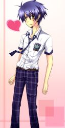  1boy antenna_hair blue_hair chaos;head chaos;head_love_chu_chu! commentary_request dress_shirt feet_out_of_frame green_shirt heart highres loose_necktie male_focus messy_hair necktie nishijou_myu nishijou_takumi open_collar open_mouth pants pink_background plaid_clothes plaid_pants plaid_sleeves plaid_trim purple_pants school_emblem school_uniform science_adventure shirt shirt_tucked_in short_hair solo suimei_academy_school_uniform summer_uniform white_shirt worried yellow_eyes 