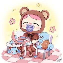  1girl animal_crossing bear_hat blush_stickers brown_dress closed_eyes commentary_request crossover dress floral_print floral_print_pantyhose flower highres pantyhose pink_flower pink_hair pokemon pokemon_(creature) print_pantyhose squirtle sylveon tile_floor tiles villager_(animal_crossing) zeni_maru 