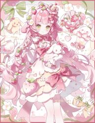  1girl animal_ears blush bow braid cake closed_mouth commentary commission crown cup cyano dress feet_out_of_frame floppy_ears flower food food-themed_hair_ornament fork fruit green_bow green_eyes hair_ornament highres holding holding_cup layered_dress long_hair lop_rabbit_ears mihuashi_commission mini_crown original parfait pink_hair polka_dot polka_dot_bow rabbit rabbit_ears red_bow short_dress smile solo strawberry strawberry_hair_ornament teacup twin_braids very_long_hair white_flower 