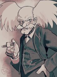  1boy absurdres cigar commentary dr._wily_(mega_man) facial_hair greyscale highres holding holding_cigar long_sleeves looking_at_viewer male_focus mega_man_(series) monochrome mustache old old_man parted_lips real_life shirt sigmund_freud skull_ornament srnhuyuno suit 