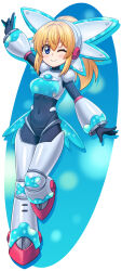  1girl :d absurdres aqua_trim arm_up armor armored_legwear black_bodysuit black_gloves blonde_hair blue_armor blue_boots blue_eyes blue_outline blush bodysuit boots breastplate breasts bubble_print chest_jewel cosplay covered_navel double-parted_bangs els_(ljhlee12) eyelashes full_body gauntlets gloves greaves hair_between_eyes happy headphones helmet highres joints knee_guards knee_pads leg_lift light_blush long_hair looking_at_viewer mega_man:_dual_override mega_man_(classic) mega_man_(series) multicolored_armor multicolored_boots one_eye_closed outline oval pink_armor pink_boots ponytail raised_eyebrows robot_girl robot_joints roll_(mega_man) shoulder_armor sidelocks simple_background small_breasts smile teeth thick_thighs thigh_boots thighs three-tone_boots transparent_background twinkle_girl twinkle_girl_(cosplay) two-tone_boots two-tone_helmet upper_teeth_only white_armor white_boots white_gloves white_helmet wide_hips 