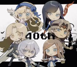  3boys 3girls :d :o alucard_(castlevania) anniversary bat_(animal) bird black_jacket black_pants blonde_hair blue_bow blue_capelet blue_eyes blue_flower blue_hairband blue_rose book bow braid brown_eyes brown_hair capelet castle castlevania:_aria_of_sorrow castlevania:_grimoire_of_souls castlevania:_order_of_ecclesia castlevania:_portrait_of_ruin castlevania:_rondo_of_blood castlevania:_symphony_of_the_night castlevania_(series) charlotte_aulin closed_mouth commentary_request dress flower grey_eyes grey_hair hair_between_eyes hair_bow hair_flower hair_ornament hairband highres holding holding_book holding_sword holding_weapon holding_whip jacket jewelry long_hair long_sleeves looking_at_viewer ma_chako014 maria_renard multiple_boys multiple_girls necklace open_book open_mouth pants pink_dress puffy_short_sleeves puffy_sleeves rose shanoa_(castlevania) short_hair short_sleeves simon_belmont smile soma_cruz sword weapon whip 