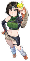  1girl absurdres arm_guards armor chest_harness commentary_request crop_top final_fantasy final_fantasy_vii final_fantasy_vii_rebirth final_fantasy_vii_remake fingerless_gloves forehead_protector full_body gloves hand_on_own_hip harness highres leg_warmers looking_at_viewer materia orange_gloves pauldrons pinyata_(pinyaland) shoes short_shorts shorts shoulder_armor single_pauldron sleeveless sleeveless_turtleneck smile sneakers solo standing turtleneck yuffie_kisaragi 