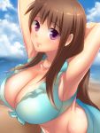  armpits arms_behind_head arms_up artist_request beach bikini blush breasts brown_hair cleavage cloud clouds copyright_request foreshortening frilled_bikini frills front-tie_top large_breasts looking_at_viewer natsuki_(saboten) natsuwo original purple_eyes shiny shiny_skin sky source_request swimsuit violet_eyes 