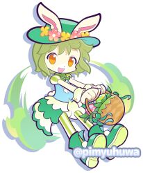  1girl animal_ears aqua_vest basket boots bow bowtie commentary_request detached_sleeves easter easter_egg egg fewer_digits flower full_body furry furry_female green_boots green_bow green_bowtie green_hair green_hat green_pantyhose green_skirt green_sleeves hat hat_flower holding holding_basket looking_at_viewer official_style open_mouth orange_eyes overskirt pantyhose pimyuhuwa pink_flower puffy_short_sleeves puffy_sleeves puyopuyo puyopuyo_quest rabbit_ears rabbit_girl rabbit_tail rapty_(puyopuyo) short_hair short_sleeves shorts simple_background skirt smile solo striped_clothes striped_pantyhose tail twitter_username vertical-striped_clothes vertical-striped_pantyhose vertical-striped_sleeves vest white_background white_shorts wrist_cuffs yellow_flower 
