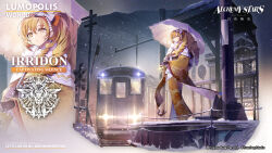  1girl alchemy_stars black_gloves blonde_hair bow capelet character_name copyright_name copyright_notice drill_hair earrings fur_collar gloves hair_bow highres holding holding_umbrella irridon_(alchemy_stars) irridon_(captivating_silence)_(alchemy_stars) japanese_clothes jewelry kimono long_hair looking_at_viewer official_art parasol snowing train train_station umbrella white_capelet winter yellow_eyes yellow_kimono zoom_layer 