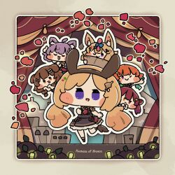  6+girls :> :3 ;> ahoge aki_rosenthal ameya_(kappadoll) animal_ear_fluff animal_ears black_dress blonde_hair blush_stickers border brown_eyes brown_hair chibi chibi_only closed_mouth commentary_request curtains dress fox_ears fox_girl frilled_dress frills full_body glowstick grey_border highres hololive houshou_marine inugami_korone looking_at_viewer multiple_girls nekomata_okayu omaru_polka one_eye_closed open_mouth orange_hair outline outside_border pink_eyes purple_hair red_eyes short_hair stage stage_curtains standing standing_on_one_leg takanashi_kiara violet_eyes virtual_youtuber white_outline 