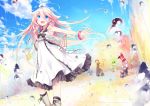  ahoge bad_id blue_eyes boots bracelet bubble dress ia_(vocaloid) indoors itsuwa_(lethal-kemomimi) jewelry long_hair open_mouth paint pink_hair sky smile very_long_hair vocaloid white_dress 