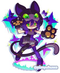  1girl animal_hands animal_hat asymmetrical_legwear asymmetrical_sleeves black_bow black_bowtie black_gloves black_shirt black_sleeves black_thighhighs bow bowtie buttons cat_hat cat_tail checkered_clothes checkered_legwear clawed_gloves colored_sclera commentary_request fake_tail full_body glove_nails gloves green_eyes grey_shirt grey_shorts hat mismatched_legwear mismatched_sleeves mismatched_thighhighs multicolored_shirt nyangurumi_(puyopuyo) official_style open_mouth paw_gloves pimyuhuwa purple_bow purple_bowtie purple_hair purple_shirt purple_shoes purple_sleeves purple_thighhighs puyopuyo puyopuyo_quest shaded_face shirt shoes short_hair short_sleeves shorts simple_background smile solo sparkle standing standing_on_one_leg striped_clothes striped_shorts symbol-shaped_pupils tail thigh-highs twitter_username two-tone_bow two-tone_bowtie vertical-striped_clothes vertical-striped_shorts white_background x-shaped_pupils yellow_sclera 
