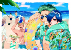  6+boys amputee attacker_(ninja_to_gokudou) ball ballon_d'or_(ninja_to_gokudou) beach beachball black_hair blindfold blonde_hair blue_eyes blue_hair character_request closed_eyes closed_mouth clouds commentary_request double_v dreadlocks eyewear_on_head facial_hair food-themed_hair_ornament gamute_(ninja_to_gokudou) goatee green_hair hair_between_eyes hair_ornament hair_over_one_eye hat hawaiian_shirt holding holding_ball holding_beachball innertube male_swimwear missing_tooth multiple_boys navel ninja_to_gokudou one-piece_swimsuit open_mouth order_(ninja_to_gokudou) over_9999 peach_hair_ornament pineapple_hair_ornament shirt smile striped_clothes striped_one-piece_swimsuit suikawari sunglasses swim_ring swim_trunks swimsuit twintails v 