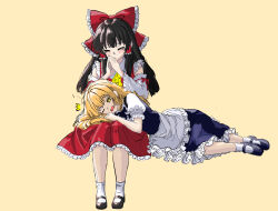  >_< 2girls absurdres apron ascot black_shoes black_skirt black_vest blonde_hair bow braid brown_hair commentary_request detached_sleeves frilled_bow frilled_hair_tubes frilled_skirt frills hair_bow hair_tubes hakurei_reimu highres kamaboko_(pixiv_110400478) kirisame_marisa lap_pillow long_hair mary_janes missing_headwear multiple_girls puffy_short_sleeves puffy_sleeves red_bow red_skirt ribbon-trimmed_sleeves ribbon_trim shoes short_sleeves side_braid simple_background single_braid skirt skirt_set socks touhou vest waist_apron white_apron white_socks yellow_ascot yellow_background yellow_eyes yuri 