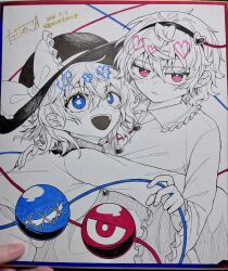  2girls blush bow buttons collared_shirt commentary_request dated disembodied_linked_eye eyeball frilled_shirt_collar frilled_sleeves frills hair_ornament hairband hat hat_bow heart heart_button heart_hair_ornament highres komeiji_koishi komeiji_satori long_sleeves looking_at_viewer mizuni_takenoko multiple_girls open_mouth photo_(medium) pink_eyes red_eyes shirt short_hair siblings signature sisters skirt smile spot_color touhou traditional_media wide_sleeves 