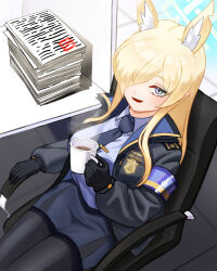  1girl animal_ear_fluff animal_ears black_gloves black_jacket black_pantyhose blonde_hair blue_archive blue_eyes blue_halo blue_necktie blue_shirt blue_skirt blush chair coffee coffee_mug collared_shirt commentary cup dog_ears dog_girl extra_ears ggansii gloves hair_over_one_eye halo highres holding holding_cup indoors jacket kanna_(blue_archive) long_hair mug necktie on_chair open_clothes open_jacket open_mouth pantyhose shirt sitting skirt solo very_long_hair 