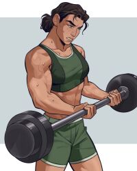  1girl avatar_legends barbell black_hair braid breasts commentary english_commentary green_eyes highres kuvira_(legend_of_korra) mole mole_under_eye muscular muscular_female navel solo sweat the_legend_of_korra vita-divata 