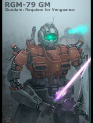  army bottoms1237 character_name commentary_request earth_federation energy_beam energy_sword exposed_internal_machinery fog gm_(mobile_suit) green_assault_visor gundam gundam_requiem_for_vengeance highres mecha mecha_focus mobile_suit mobile_suit_gundam no_humans radio_antenna realistic robot roundel science_fiction shield sword weapon 