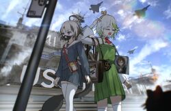  2girls absurdres advarcher ahoge aircraft aircraft_carrier airplane bag black_mask blue_shirt blue_skirt blue_sky boat breasts brown_hair cecilia_immergreen clouds detached_sleeves dress fighter_jet gigi_murin green_dress green_hair grey_hair highres hololive hololive_english long_sleeves mask military_vehicle mouth_mask multicolored_hair multiple_girls open_mouth real_world_location sailor_collar san_diego ship shirt short_hair shoulder_bag skirt sky streaked_hair tail thigh-highs two-tone_hair violet_eyes virtual_youtuber warship watercraft white_sailor_collar white_thighhighs winding_key 