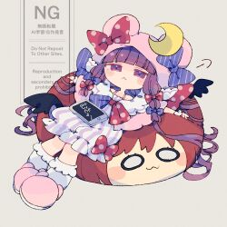  1girl :< blue_bow blue_bowtie blush bow bowtie commentary_request crescent crescent_hat_ornament dress hair_bow hat hat_bow hat_ornament highres koakuma long_hair looking_at_viewer lying multiple_hair_bows nikorashi-ka on_back patchouli_knowledge pink_slippers polka_dot polka_dot_bow puff_of_air purple_hair red_bow red_bowtie slippers socks solo striped_clothes striped_dress tablet_pc touhou vertical-striped_clothes vertical-striped_dress very_long_hair violet_eyes watermark white_socks 