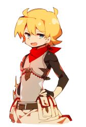  1boy alternate_hair_length_(shorter) anpolly armor bandana bandana_around_neck belt belt_pouch blonde_hair blue_eyes breastplate brown_belt commentary_request cowboy_shot fortress_(sekaiju) fortress_2_(sekaiju) genderswap genderswap_(ftm) hair_between_eyes hand_on_own_hip male_focus open_mouth pouch red_bandana sekaiju_no_meikyuu sekaiju_no_meikyuu_4 short_hair simple_background solo teeth transparent_background upper_teeth_only 