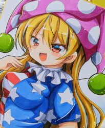  1girl :d absurdres american_flag american_flag_print american_flag_shirt blonde_hair blush breasts clownpiece commentary_request fairy_wings flag_print hand_up hat highres jester_cap long_hair looking_at_viewer medium_breasts nashikajyu neck_ruff no_nose open_mouth photo_(medium) pink_hat polka_dot polka_dot_headwear pom_pom_(clothes) print_shirt red_eyes shikishi shirt short_sleeves sidelocks simple_background smile solo split_mouth star_(symbol) star_print striped_clothes touhou traditional_media upper_body very_long_hair white_background wings 