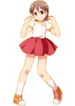  aioi_yuuko brown_eyes brown_hair cosplay dress kazuki_mai kazuki_mai_(cosplay) mahou_no_star_magical_emi nichijou red_dress sayousuke shirt shoes short_hair skirt smile sneakers solo white_background 