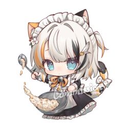  1girl animal_ear_fluff animal_ears apron aqua_eyes arm_up bell black_dress black_streaks blush bow cat_ears cat_girl cat_tail chibi chibi_only chinese_commentary closed_mouth commentary_request commission cropped_legs dot_mouth dress feather_hair_ornament feathers flower food fried_rice frilled_dress frills frying_pan hair_flower hair_ornament holding holding_frying_pan holding_ladle jingle_bell ladle looking_at_viewer maid maid_apron maid_headdress miyayoki multicolored_hair neck_ribbon one_side_up orange_streaks original ribbon streaked_hair tail tail_bow tail_ornament watermark white_background white_bow white_hair 