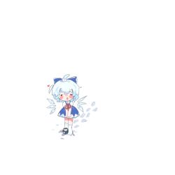  1girl ahoge aqua_hair black_shoes blue_bow blue_dress blue_eyes blush bow cirno cirno_day closed_eyes commentary dress english_commentary facing_viewer footprints full_body grin hair_between_eyes hair_bow hair_bun highres kuzucirno looking_at_viewer mary_janes open_mouth puffy_short_sleeves puffy_sleeves shirt shoe_loss shoes short_hair short_sleeves simple_background single_shoe smile snow snowing socks solo touhou white_background white_shirt white_socks winter 