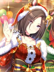  2girls absurdres aiguillette air_groove_(are_you_merry?)_(umamusume) air_groove_(umamusume) animal_ears artist_request balloon bead_bracelet beads bell black_bow black_choker black_ribbon black_sash blue_eyes bow bowtie bracelet breasts brown_hair capelet card_(medium) card_commentary center_frills choker christmas christmas_tree_costume closed_mouth collarbone commentary dot_nose dress ear_bow eyeliner eyes_visible_through_hair frills fur-trimmed_capelet fur-trimmed_headwear fur-trimmed_sleeves fur_trim game_asset garland_(decoration) hair_beads hair_between_eyes hair_ornament hat hat_ornament highres horse_ears horse_girl horse_tail jewelry large_breasts light_blush long_hair long_hair_between_eyes long_sleeves looking_at_viewer makeup medium_hair multicolored_hair multiple_girls neck_ribbon night official_alternate_costume official_art outdoors plaid_clothes plaid_dress print_sleeves red_bow red_bowtie red_capelet red_dress red_eyeliner red_hat red_ribbon ribbon santa_hat sash smile snowflake_print solo_focus sparkle streaked_hair striped_bow symboli_rudolf_(christmas_emperor_tree)_(umamusume) symboli_rudolf_(umamusume) tail tsurime umamusume upper_body waist_ribbon waist_sash waving wheat window yellow_bow 
