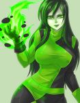  black_hair bodysuit breasts flame gloves green_background green_eyes green_hair kim_possible kuma_x light_smile lips lipstick makeup shego solo 