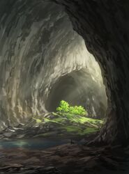  1other absurdly_wide_shot cave commentary_request day hat highres holding holding_lantern lantern light_rays original outdoors pei_(sumurai) river solo sunbeam sunlight tree water 