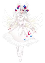  1girl :d blue_eyes bow breasts dress dress_bow flower fragarach_(momisio) hair_flower hair_ornament heterochromia long_hair long_sleeves pantyhose personification pokemon red_eyes shoes simple_background small_breasts smile solo standing togekiss white_dress white_hair white_pantyhose white_shoes white_wrist_cuffs wings wrist_cuffs 