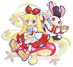  +_+ 1boy 1girl alicia_(puyopuyo) animal_ears belt black_belt black_hat black_socks blonde_hair blue_bow blue_bowtie blue_eyes boots bow bow_hairband bowtie brown_boots closed_mouth commentary_request dress furry furry_male hairband hat holding holding_pocket_watch jacket long_hair looking_at_viewer mittens mushroom official_style on_mushroom open_mouth pantyhose pimyuhuwa pocket_watch puffy_short_sleeves puffy_sleeves puyopuyo puyopuyo_quest rabbit_boy rabbit_ears rabbit_tail red_bow red_dress red_eyes red_shirt shirt short_sleeves simple_background sitting skirt smile snowflakes socks tail toeless_legwear top_hat twitter_username v_arms very_long_hair watch white_background white_jacket white_mittens white_pantyhose white_rabbit_(puyopuyo) white_skirt white_sleeves 