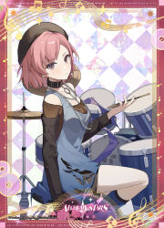  1girl absurdres alchemy_stars argyle_background beret black_collar black_dress black_hat blue_dress blue_leg_warmers border chain chain_necklace collar commentary copyright_name copyright_notice dress drum drum_set drumsticks english_commentary hat highres hiiro_(alchemy_stars) hiiro_(drummer)_(alchemy_stars) holding holding_drumsticks instrument jewelry leg_warmers looking_at_viewer musical_note musical_staff necklace official_art pink_eyes pink_hair short_hair sitting studded_collar studs torn_clothes torn_dress 